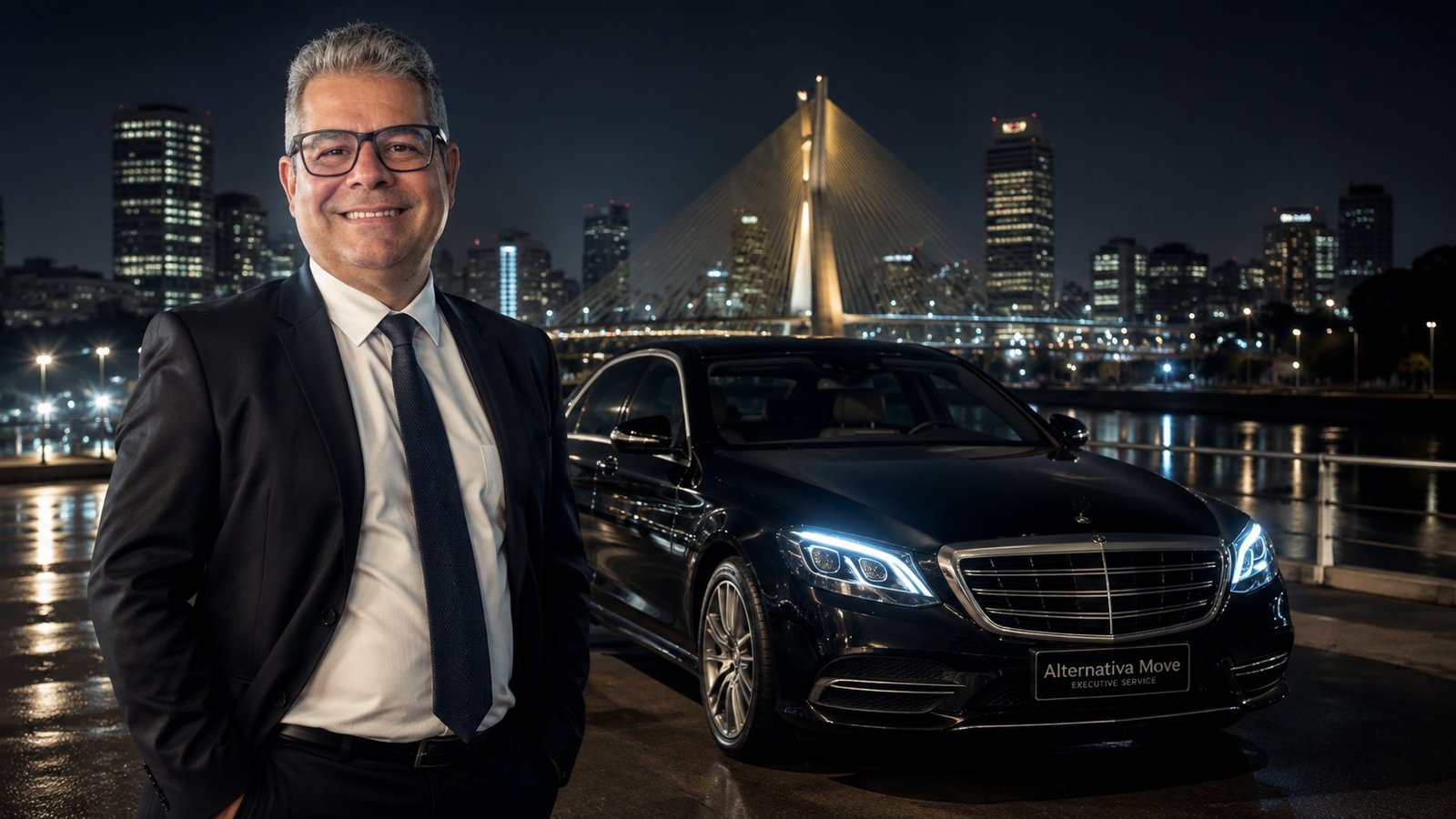 Sedan executivo preto em São Paulo à noite